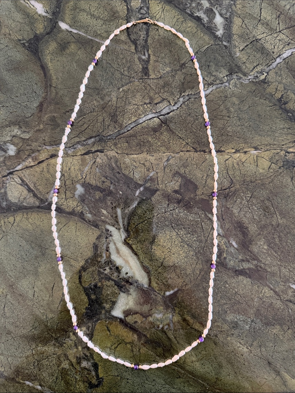 Gold + Rice Pearl + Amethyst Necklace